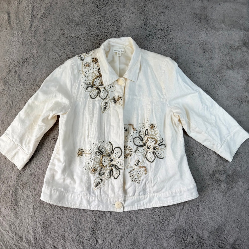 Coldwater Creek Embellished Denim Jacket Floral‎ Beaded Cream White W18